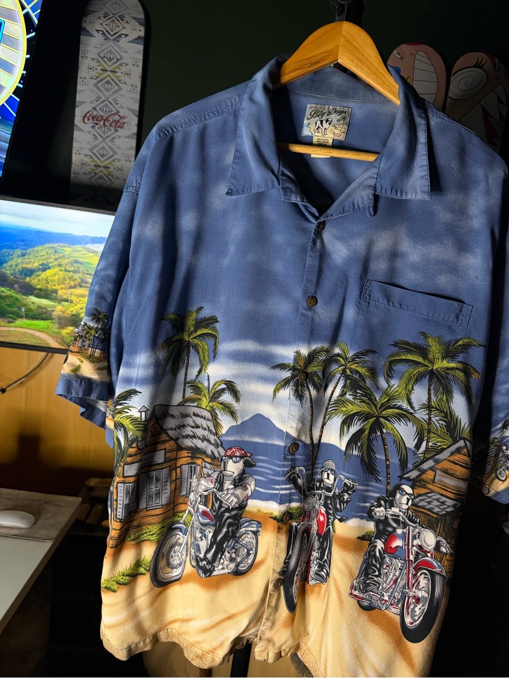Big Dogs Vintage Hawaiian Motorcycle Navy Blue Print Camp Button Up Casual Shirt